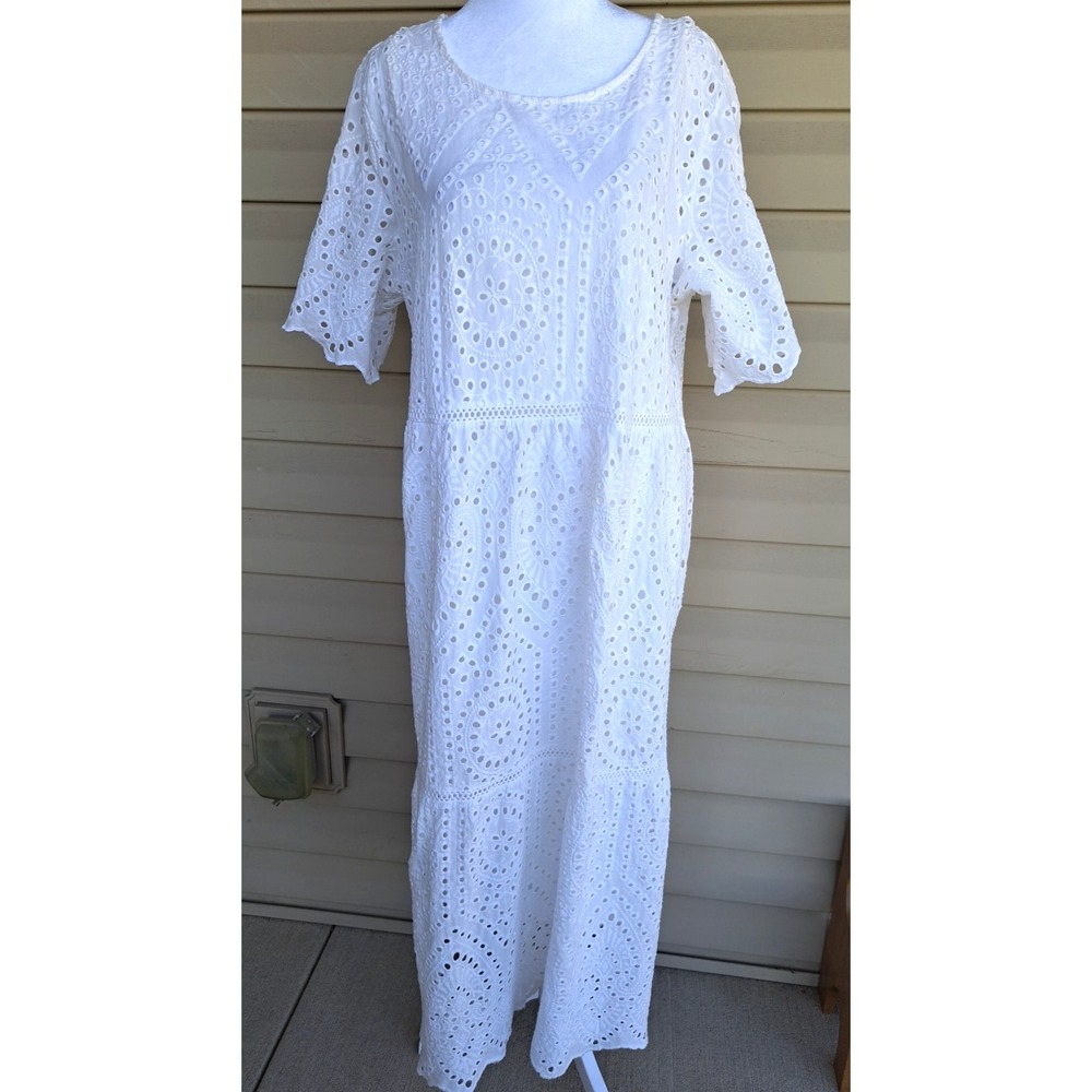 Cal Style Women's Cotton White Eyelet Tiered Lined Short Sleeve Maxi Dress 2 XL